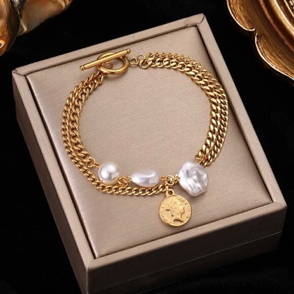 NWT 14K Gold Plated Two Strands Coin Charm Pearl Bracelet 7” - Picture 12 of 13